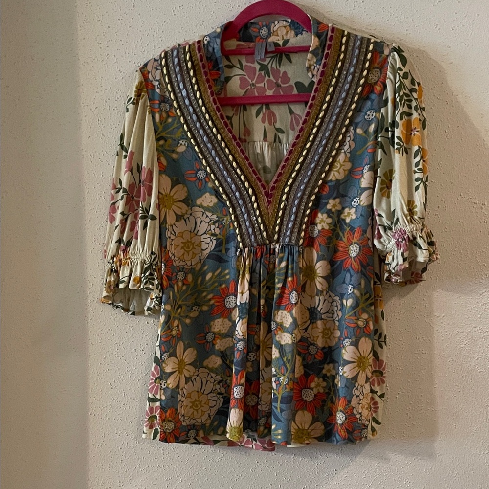 Bohemian Black London from Anthropologie Floral V-Neck Blouse - Multicolor